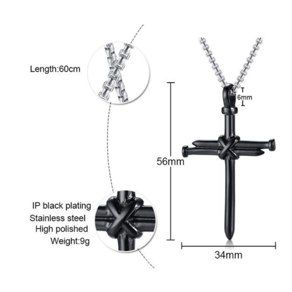 BLACK over Stainless Steel Nails & Rope Cross pendant necklace - Picture 2 of 5